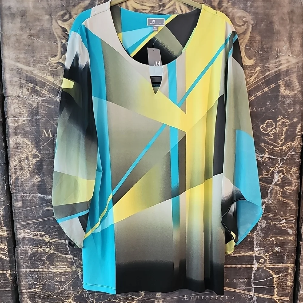 JM Collection Blue and Yellow Graphic Blouse Relaxed Fit - Picture 2 of 8